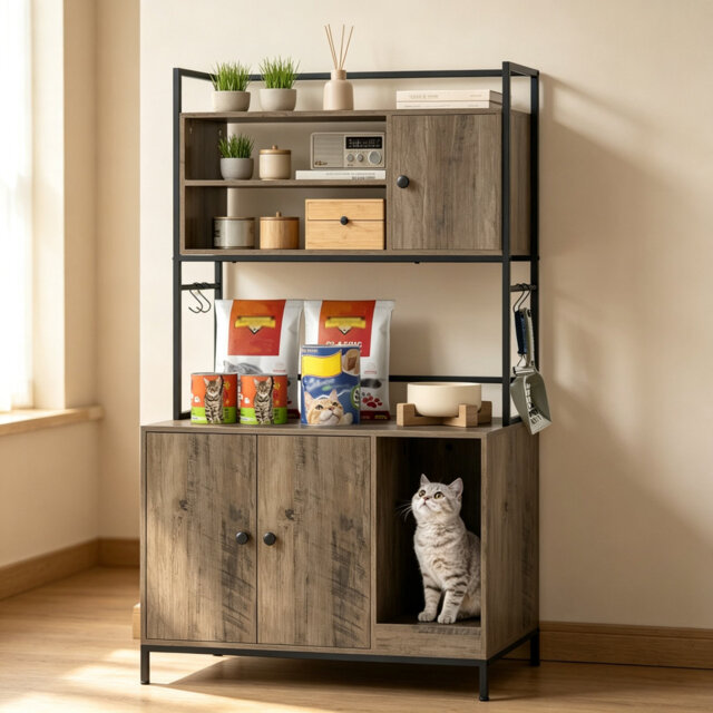 Hidden Cat Litter Box Enclosure Wooden Furniture, Indoor Privacy Kitty Washroom Cabinet with Storage Shelves, Scratching Board & Hooks