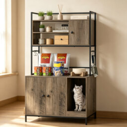 Hidden Cat Litter Box Enclosure Wooden Furniture, Indoor Privacy Kitty Washroom Cabinet with Storage Shelves, Scratching Board & Hooks