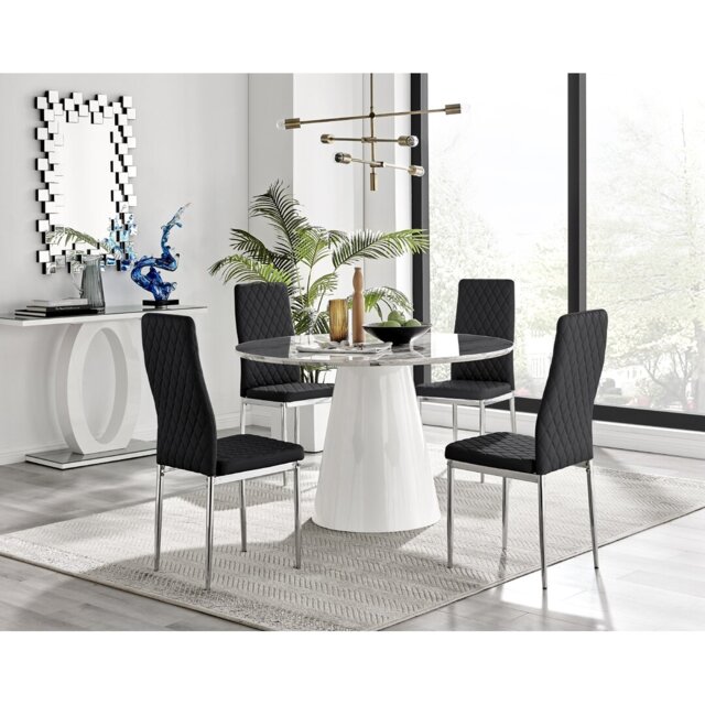 Kylooe Modern Marble Effect And White Dining Table Set With 4 Quilted Faux Leather Chairs