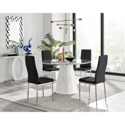 Kylooe Modern Marble Effect And White Dining Table Set With 4 Quilted Faux Leather Chairs