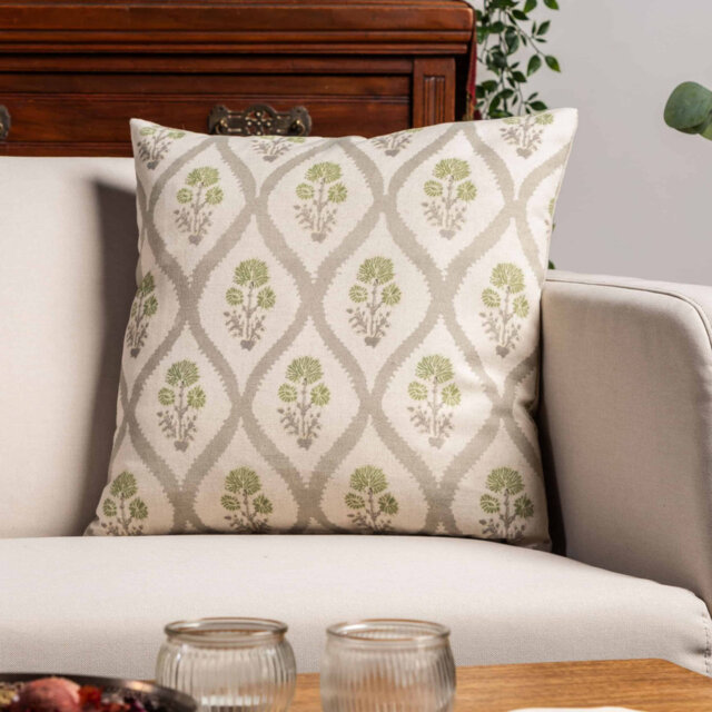 Willowbrook Sprig Brushed Linen Blend Cushion in Soft Sage