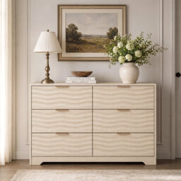 White 6-Drawer Dresser, Fluted Texture, Gold Handles, Anti-Tip Safety, 120cm Wide Storage Cabinet
