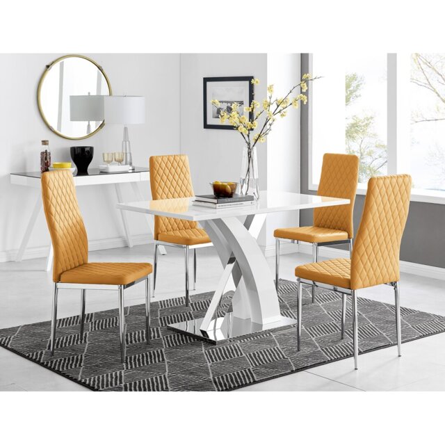 Marietta Chrome Metal & White High Gloss Dining Table Set - 4 Soft Touch Faux Leather Dining Chairs