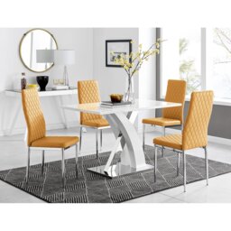 Marietta Chrome Metal & White High Gloss Dining Table Set - 4 Soft Touch Faux Leather Dining Chairs