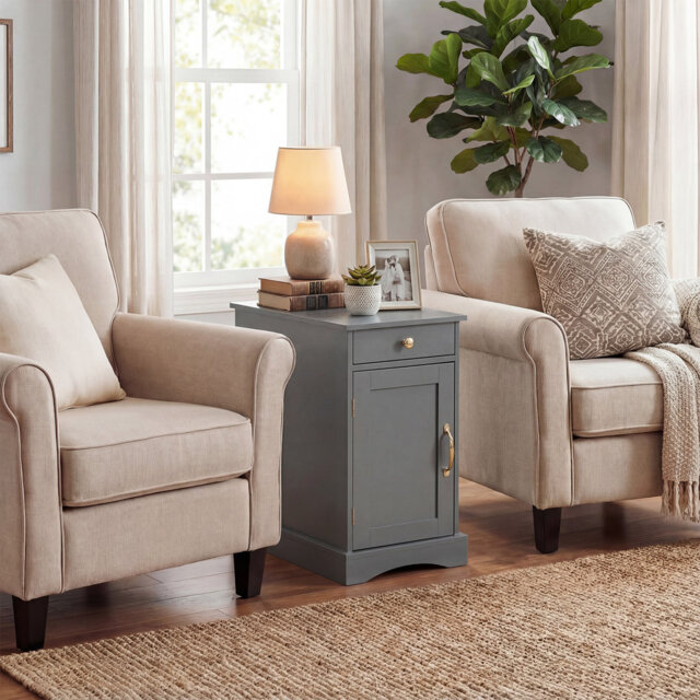 Grey Bedside Table Narrow Nightstand End Table W/Storage Cabinet & Adjustable Shelf