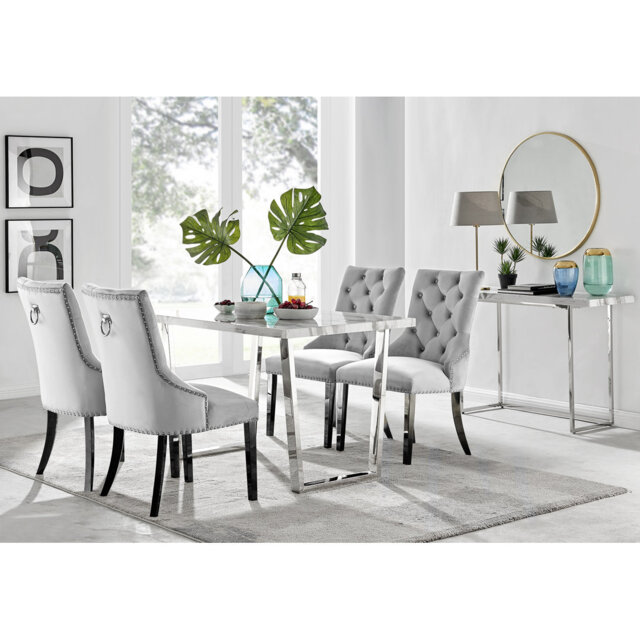 Kylooe Modern Marble Effect And Silver Dining Table Set With 4 Luxury Button Velvet Chairs