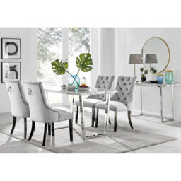 Kylooe Modern Marble Effect And Silver Dining Table Set With 4 Luxury Button Velvet Chairs