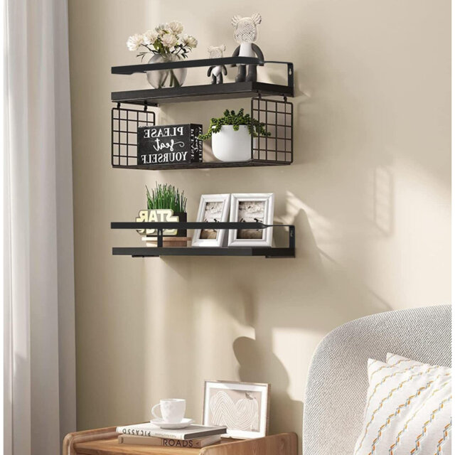 Wooden Wall Shelf, 40Cm, With Metal Storage Basket, Black, Floating Shelf, Set Of 2