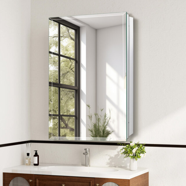 Rectangular Beveled Frameless Mirror Cabinet, Wall Mounted Cabinet For Bathroom Toilet Kitchen,Recess Or Surface Mount Installation