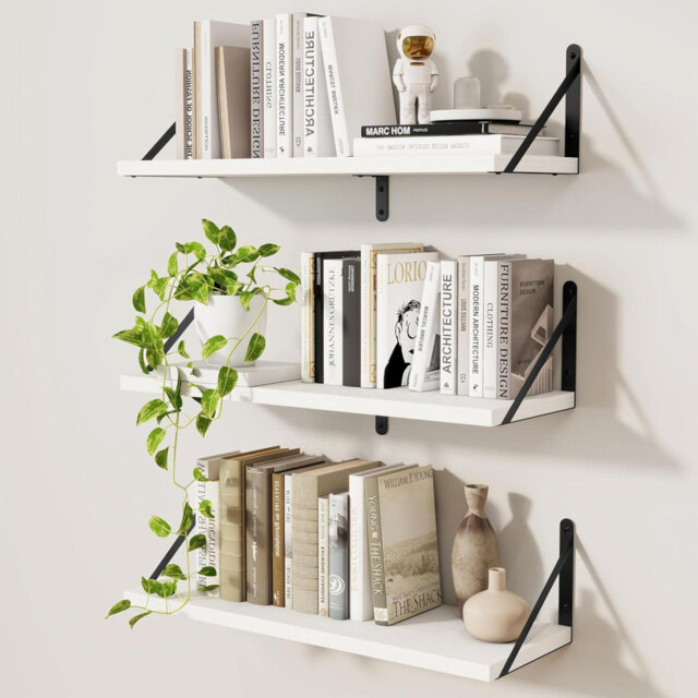 Wall Shelf, Floating Book Shelves With Brackets, 60 Cm White Shelves Set Of 3, Particleboard Wooden Shelf For Kitchen, Bathroom, Bedroom, Living Room(