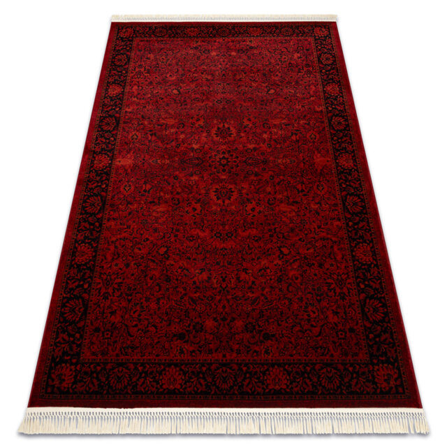 Luca 5125 – Elegant rug with fringes in burgundy & black – Classic Lucaal rug with ornamental & frame pattern