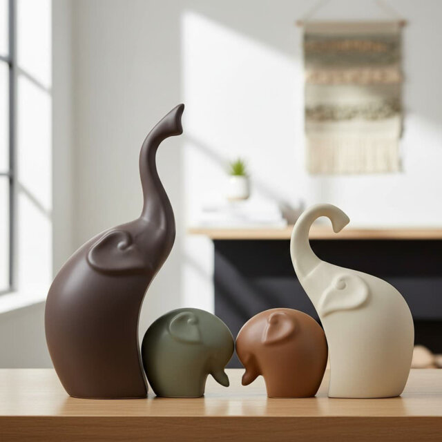 Ceramic 4-Piece Elephant Family Statue, Porcelain Animal Figurine for Living Room Shelf Desk Tabletop Decor