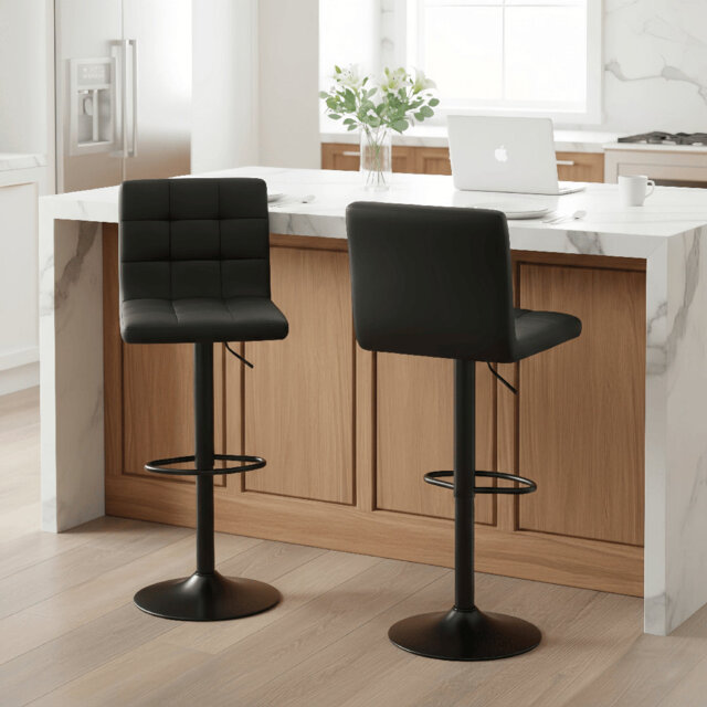 Bar Stools Set Of 2, Adjustable Height,PU Leather,360° Swivel Kitchen Stools With Backrest And Footrest, Anti-Slip Metal Base For Kitchen Home Bar, Bl