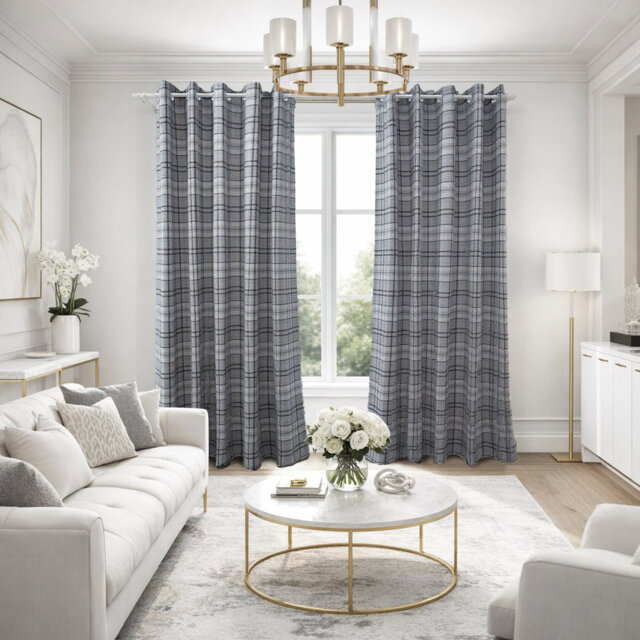 Premium Woven Check Style Blackout Curtains Pair - Thermal Insulated Light Blocking Noise Reducing Polyester Window Panels