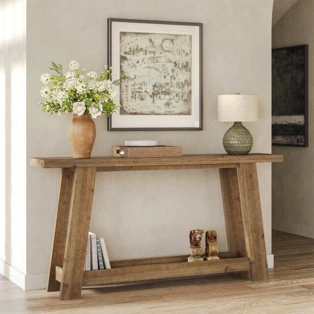 "63"" Solid Wood Console Table for Entryway, Living Room, Farmhouse Entryway Table with 2-Tier Shelf"