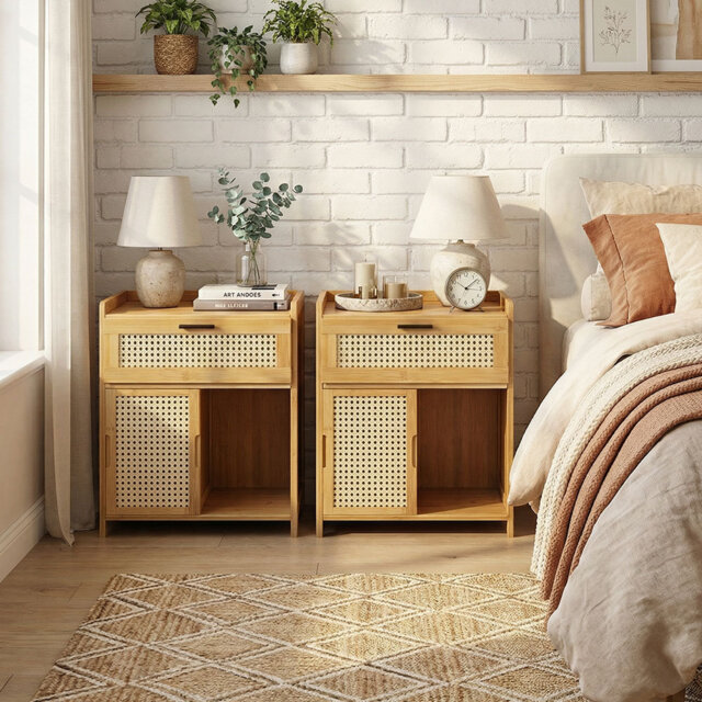 Set of 2 Wooden Nightstand Storage Cabinets