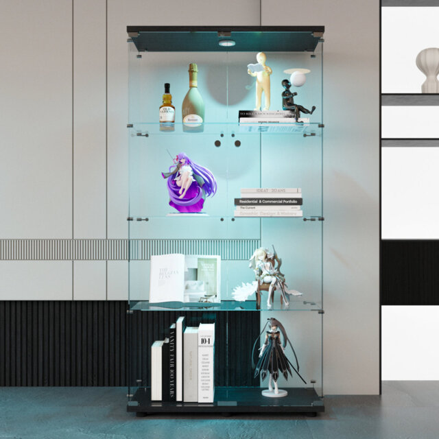 "Floor Standing Curio Glass Display Cabinet 4 Shelves With LED Lights And 2 Doors, Glass Display Case, White(64.6""*31.7""*14.3"")"