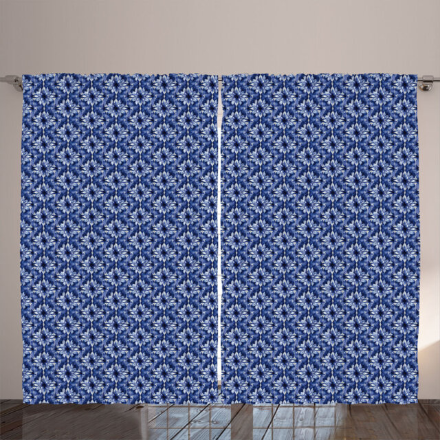 Rustic curtain, flowering nature work of art, flowery, cobalt blue light gray