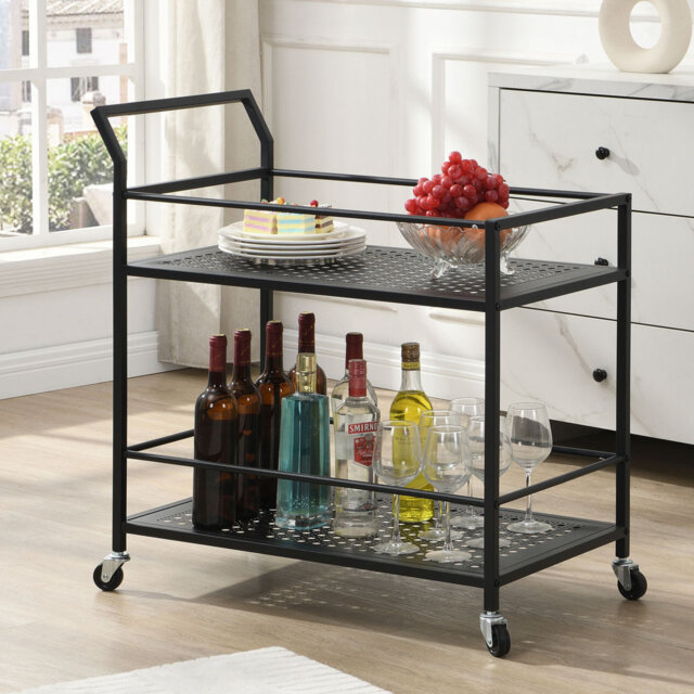 Serving trolley, metal, black, 2 shelves, with castors, kitchen trolley, bar trolley