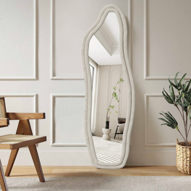 Flannel Full Length Mirror, Metal Frame Irregular Wall Mounted Floor Mirror Standing Wavy Mirrors For Bedroom Entrance Hallway, Hanging Or Against The