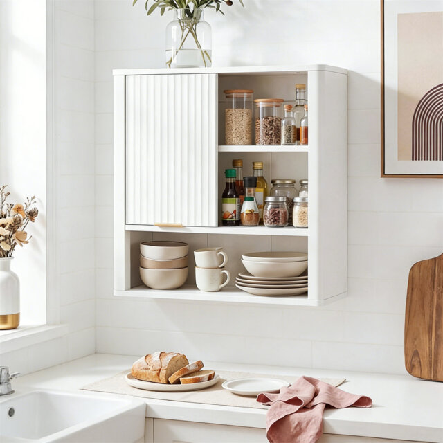 Bathroom Wall Cabinet With Movable Waving Pattern Door, Wooden Cabinet With Adjustable Shelf, Over Toilet Storage Cupboard
