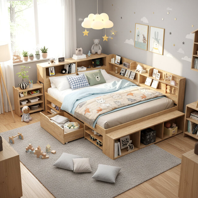 Bed-With Drawers, Bookcase And Storage Cupboard