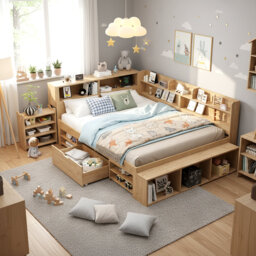 Bed-With Drawers, Bookcase And Storage Cupboard