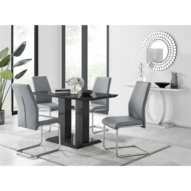 Edzard Double Pedestal High Gloss Dining Table Set with 4 Luxury Faux Leather Dining Chairs