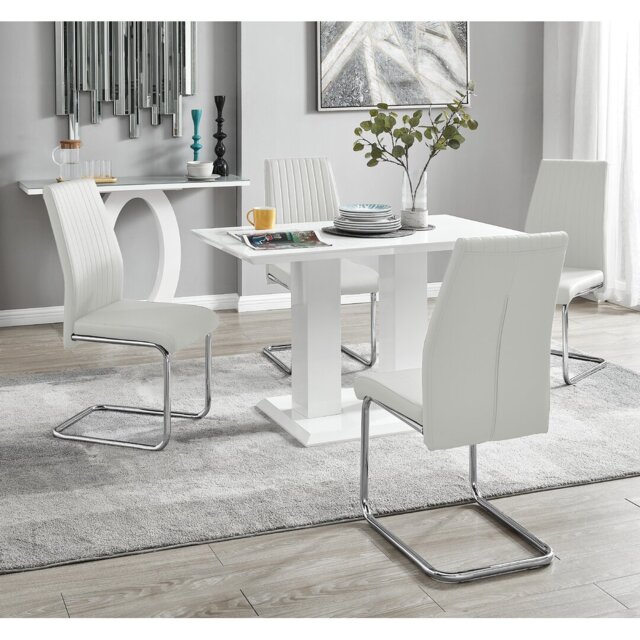 Edzard Double Pedestal High Gloss Dining Table Set with 4 Luxury Faux Leather Dining Chairs