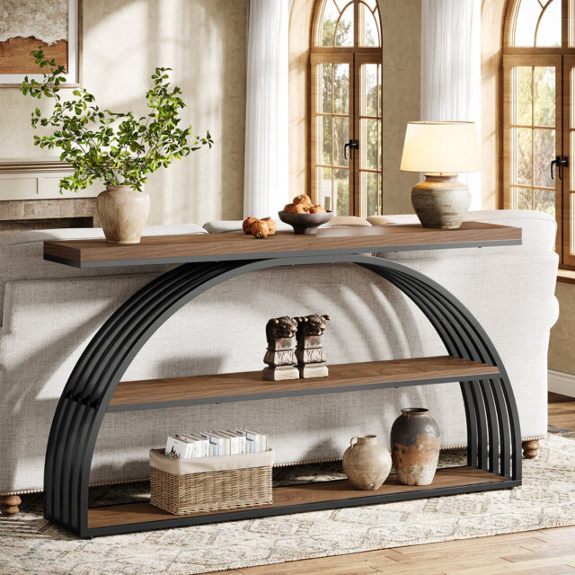 63-inch Console Table For Entryway, Farmhouse Entryway Table With Arched Frame, 3-tier Industrial Sofa Console Behind The Couch For Living Room, Foye