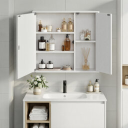 Home Bathroom Mirror Cabinet, Superfast Toolless Assembly, Bathroom Mirror With Storage, Adjustable Shelves, And Doors, Modern, 15 X 60 X 55 Cm