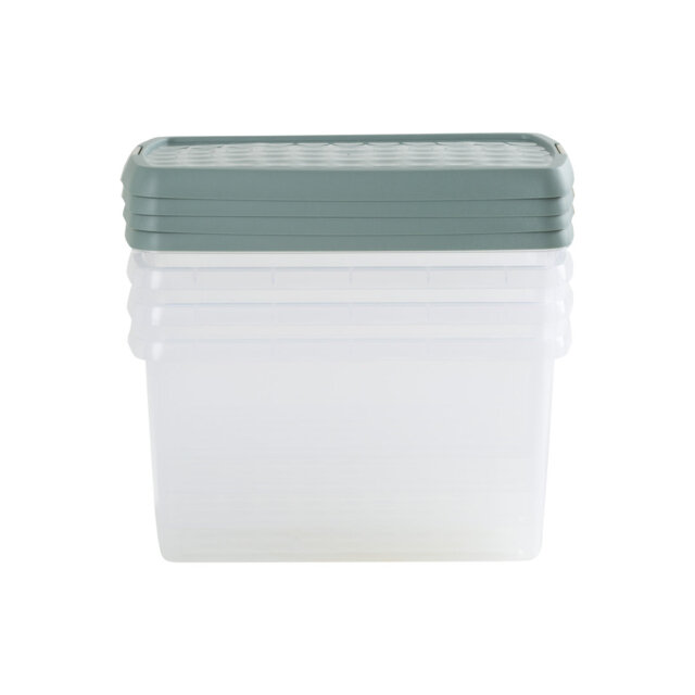 Wham Clip 4x 7L Rectangular Plastic Storage Boxes with Secure Clip Lock Lids. L:39 x W:24 x H:10.5cm Clear/Green Milieu/Stone