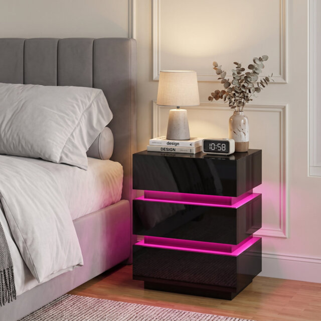 3 Drawers Bedside Table, Bedside Cabinet with LED Light & UK Charging Station 2AC/2USB, Wooden Storage Side Cabinet for Bedroom Living Room Corner, UK