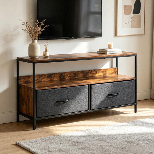 Wood Top TV Console Matte Black Steel Frame Entertainment Stand with Open Storage Shelf Two Fabric Drawers Adjustable Foot Pads for Living Room Bedroo