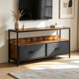 Wood Top TV Console Matte Black Steel Frame Entertainment Stand with Open Storage Shelf Two Fabric Drawers Adjustable Foot Pads for Living Room Bedroo