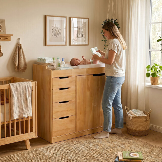 118cm Solid Pine Changing Table with 4 Drawers & Double Doors - Natural Wood Nursery Chest
