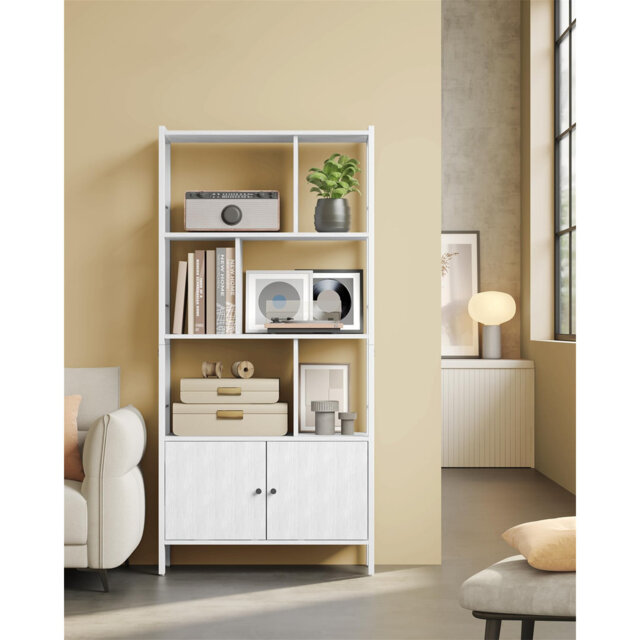 Bookcase, bookcase with 4 open shelves, shelf, free-standing shelf, spacious living room cabinet, kitchen, office, steel frame, modern, maple white-cl
