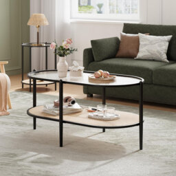 Modern Farmhouse Oval Coffee Table with 2-Tier Storage Shelf, Natural Woven Rattan Boho Side Table with Sturdy Metal Frame & Tempered Water-Wave Glass