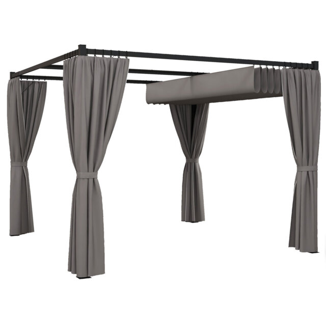 3 X 3m Moving Canopy Metal Pergola With 4 Side Curtains, Pu Coated Retractable Roof, Rust-resistant Frame, 16 Ground Stakes & 8 Expansion Screws, Outd