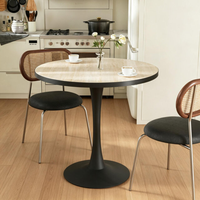 Round Marble Dining Table Mid-century Table With Metal Pedestal Base, Modern Leisure Table For Small Space Kitchen Dining Room, Easy Assembly, Waterpr