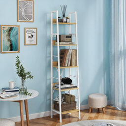 ladder shelving unit， 5 Tiers Floorstanding slim bookcase
