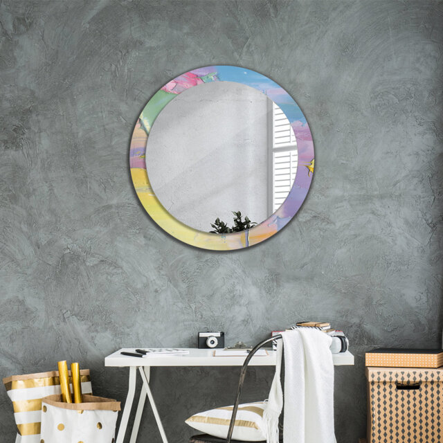 Huldar Round Glass Framed Wall Mounted Accent Mirror in Blue/Purple/Yellow