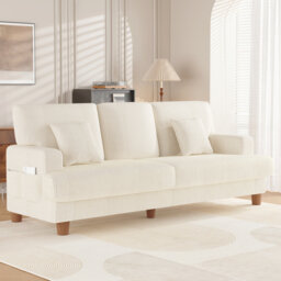 220cm Corduroy Sofa with 3 Seats, No Tool Assembly,Solid Wood Frame and Solid Wood Legs