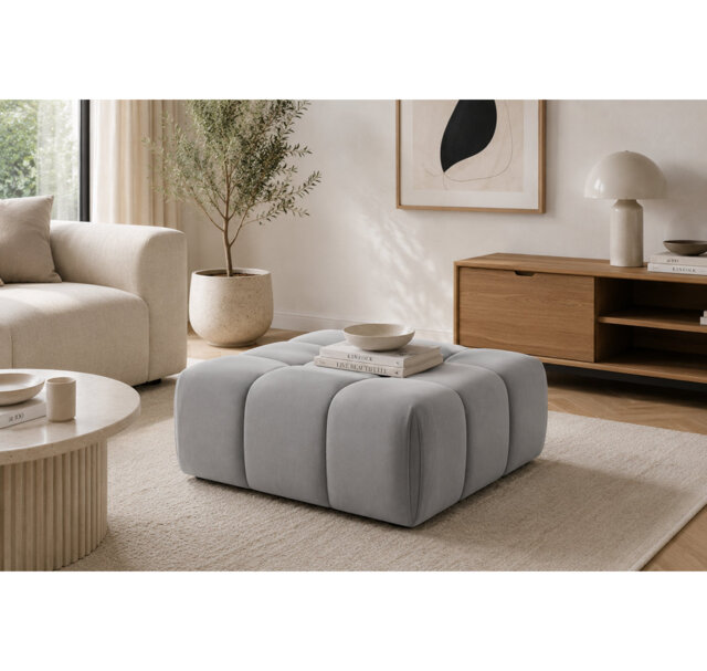 Sofia Luxe Silver Velvet Ottoman – Sculptural Modern Footstool for Modular Seating