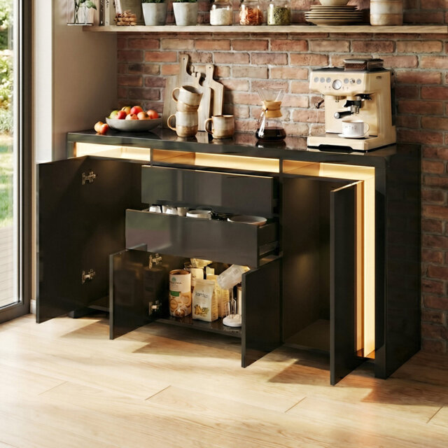 160Cm High Gloss Sideboard & TV Stand With LED, 4 Doors & 2 Drawers Storage Cabinet, Push-To-Open Minimalist Unit