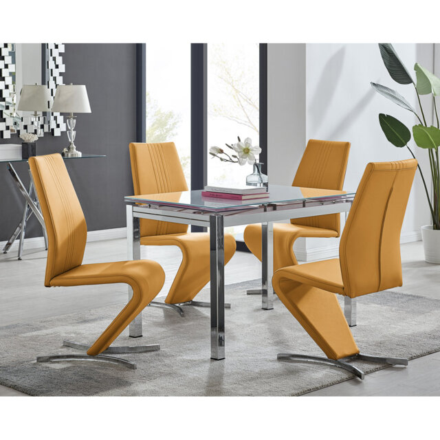 Tierra Modern Glass & Metal Extendable Dining Table Set & 4 Luxury Faux Leather Dining Chairs