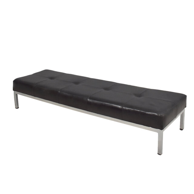 Alleffra Low Bench Foot Rest. 115cm Wide. Black Leather Button Tufted Upholstered Seat