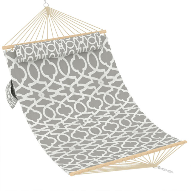 Comfortable 2 Person Quilted Hammock with Hardwood Spreader Bars & Pillow – 450lbs Capacity – Ideal for Patio, Backyard, or Poolside – Double Outdoor