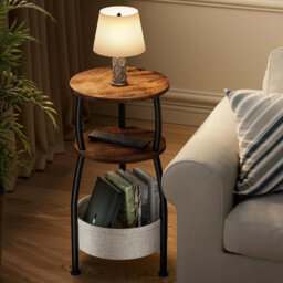 Round Side Table, 3 Tier Bedside Table, Small End Table with Fabric Basket