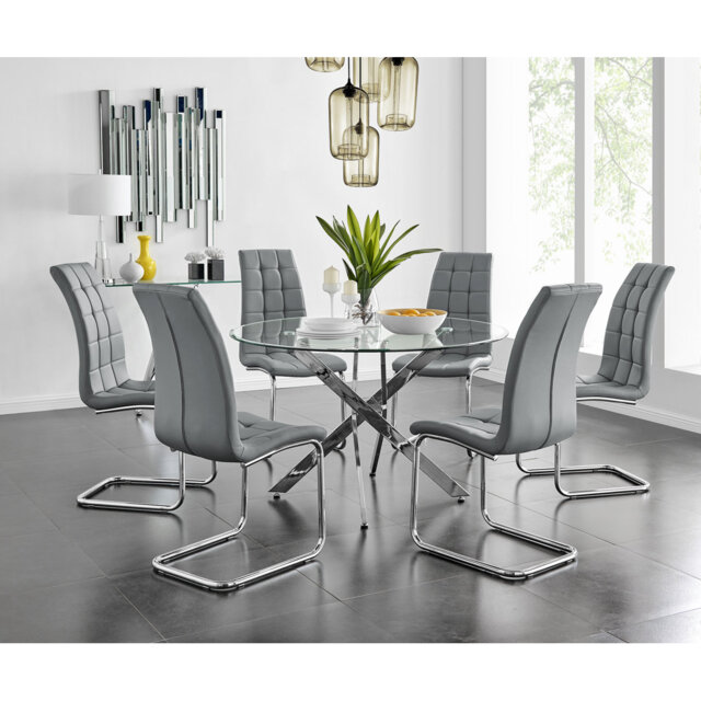Tierra Modern Chrome Metal & Glass Round Dining Table Set with 6 Modern Faux Leather Chairs